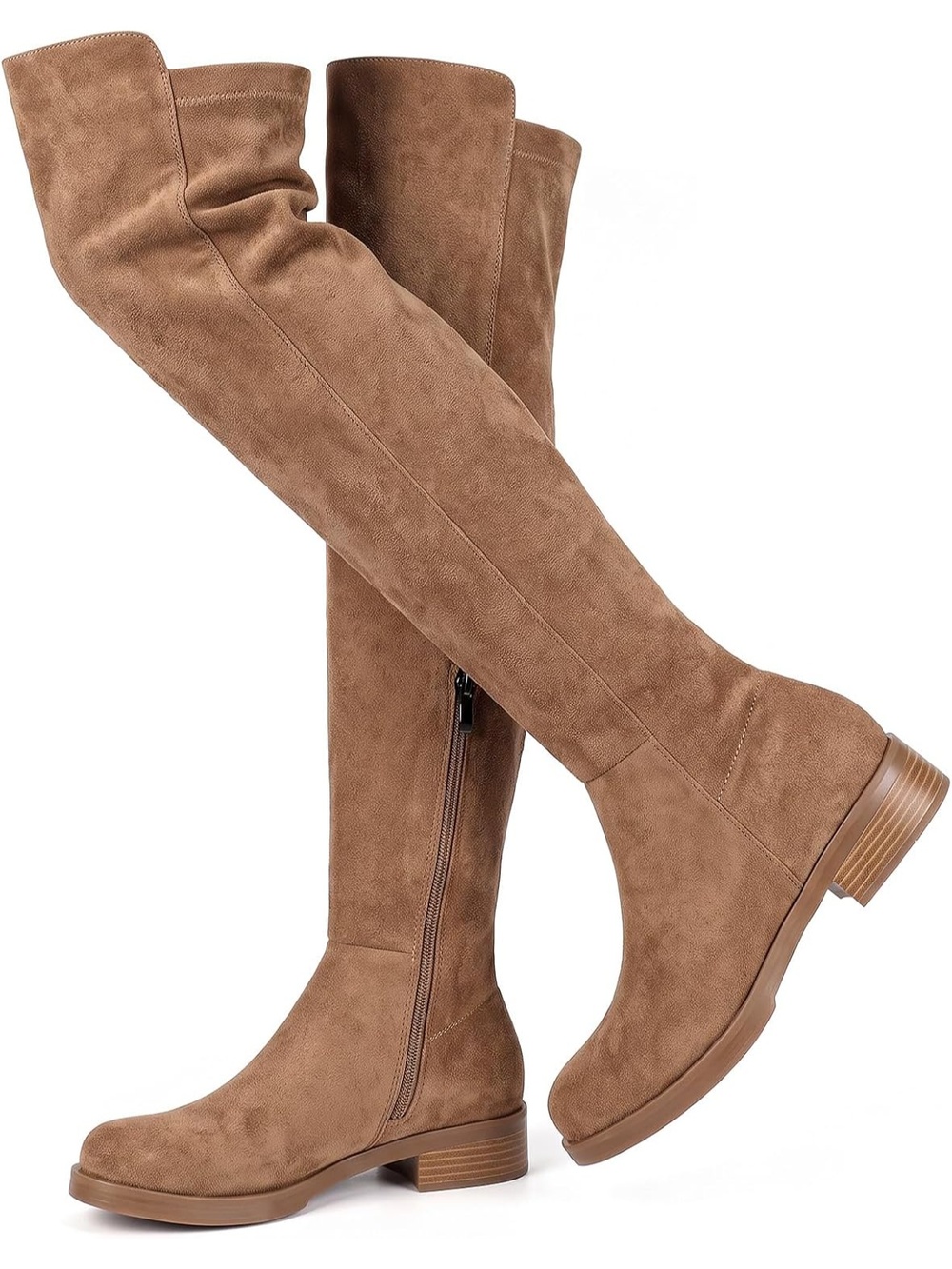 Women Apricot Suede Side Zip Flattering Over the Knee Block Heel Thigh High Boot